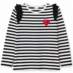 Girls' striped t-shirt with ruffles and heart appliqué, black and white