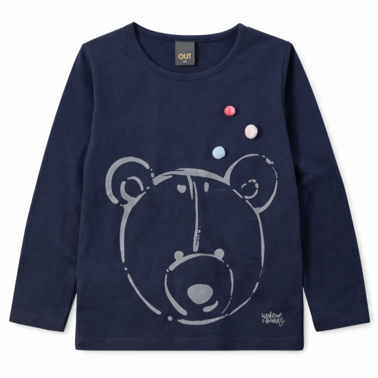 Meiteņu tumši zils t-krekls ar lācīša apdruku un dekoratīviem elementiem