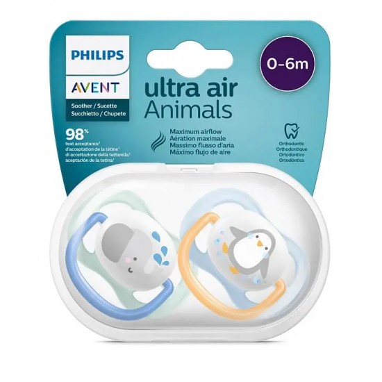 PHILIPS AVENT  Silicone Pacifier ULTRA AIR ANIMALS , 0-6m, 2pcs, SCF080/05