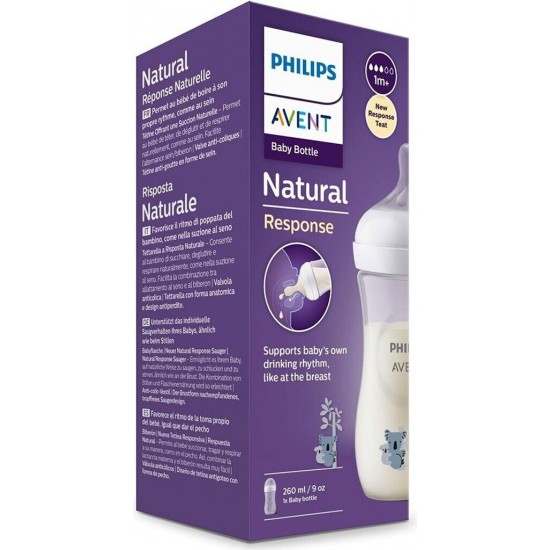 Philips Avent barošanas pudelīte Natural Response Koala 260 ml, vidējas plūsmas knupītis, 1m+, SCY903/67