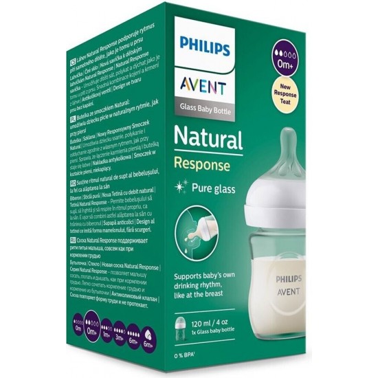 Philips Avent Natural Response stikla zīdaiņu pudelīte 125 ml, jaundzimušā knupītis, 0m+, SCY930/01 Philips Avent Natural Response stikla zīdaiņu pudelīte 125 ml, jaundzimušā knupītis, 0m+, SCY930/01