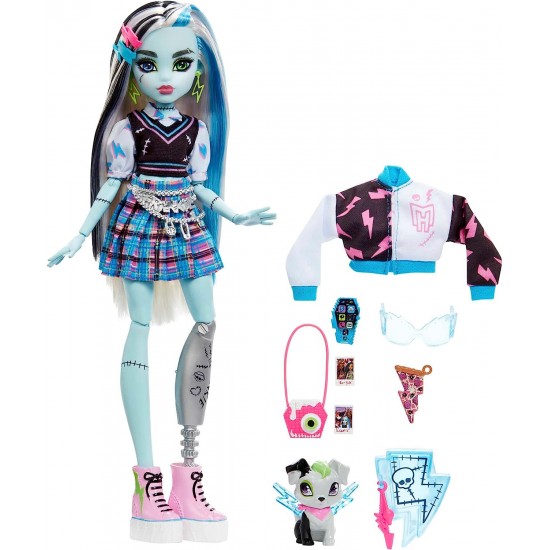 Monster High Frankie Stein Fashion Doll with Blue & Black Streaked Hair, Signature Look, Accessories & Pet HHK53