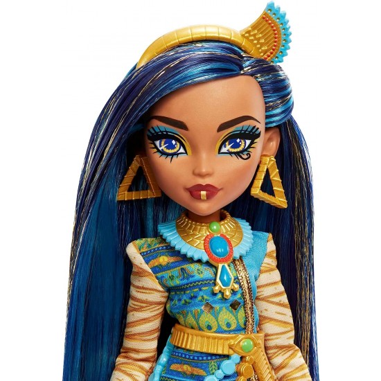 Monster High Cleo De Nile Fashion Doll with Blue Streaked Hair, Signature Look, Accessories & Pet Dog HHK54