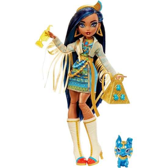 Monster High Cleo De Nile Fashion Doll with Blue Streaked Hair, Signature Look, Accessories & Pet Dog HHK54