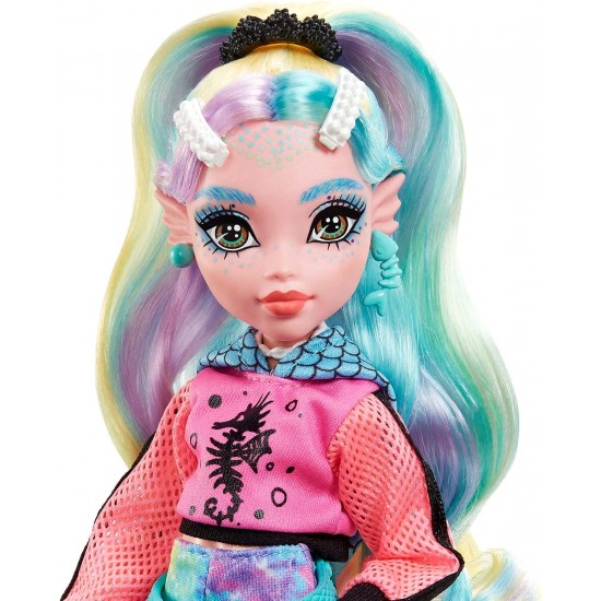 Monster High Lagoona Blue Fashion Doll with Colorful Streaked Hair, Signature Look, Accessories & Pet Piranha HHK55