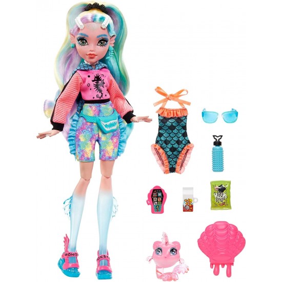 Monster High Lagoona Blue Fashion Doll with Colorful Streaked Hair, Signature Look, Accessories & Pet Piranha HHK55