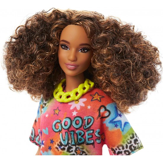 Barbie Fashionistas Doll #201 with Athletic Body, Curly Brunette Hair, Graffiti-Print Dress & Accessories HJT00
