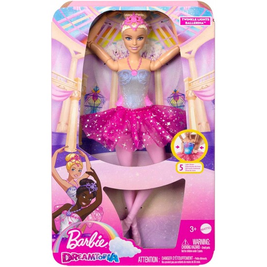 Barbie lelle Dreamtopia Twinkle Lights balerīna ar gaiši blondiem matiem, tiāru un tutu svārkiem HLC25