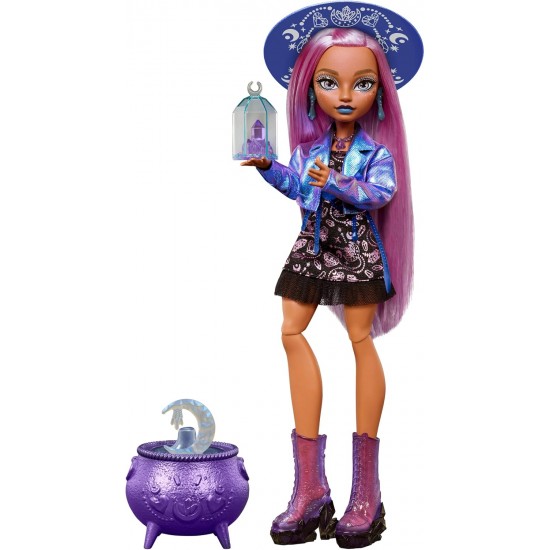 Monster High Moonspell Magic lelle Claire de Luna JBM89 ar burvju cepuri, kristāla bumbu un katlu