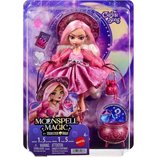 Monster High Moonspell Magic lelle Carina Song JNM26 ar rozā kleitu, spoguli un burvju katlu