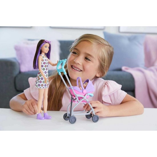 BARBIE Lelle Skippere un bērnu ratiņu komplekts (brunete) GXT34 BARBIE Lelle Skippere un bērnu ratiņu komplekts (brunete) GXT34