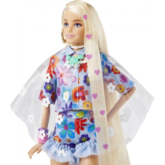 BARBIE Extra Lelle un aksesuāri ar īpaši gariem blondiem matiem ziedu raksta tērpā, HDJ45 BARBIE Extra Lelle un aksesuāri ar īpaši gariem blondiem matiem ziedu raksta tērpā, HDJ45