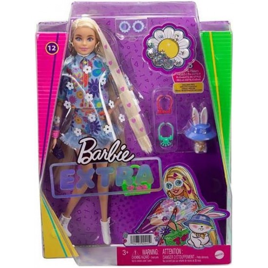 BARBIE Extra Lelle un aksesuāri ar īpaši gariem blondiem matiem ziedu raksta tērpā, HDJ45 BARBIE Extra Lelle un aksesuāri ar īpaši gariem blondiem matiem ziedu raksta tērpā, HDJ45