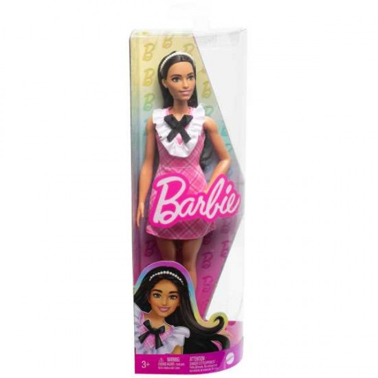 BARBIE Fashionistas lelle ar melniem matiem un rūtainu  kleitu, HJT06