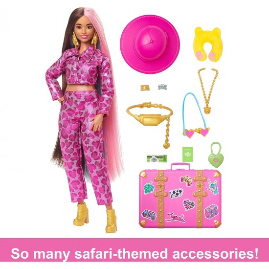Barbie Extra Ceļojošā Bārbija lelle ar safari tērpu un rozā čemodānu, HPT48 Barbie Extra Ceļojošā Bārbija lelle ar safari tērpu un rozā čemodānu, HPT48