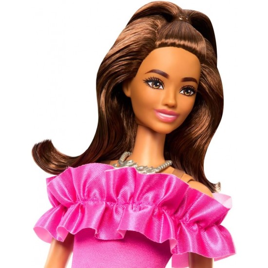 Barbie Fashionistas Doll #217 With Brown Wavy Hair & Pink Dress, 65th Anniversary, HRH15