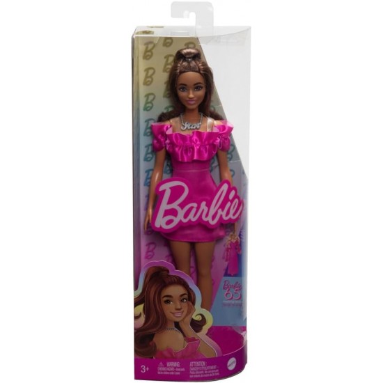 Barbie Fashionistas Doll #217 With Brown Wavy Hair & Pink Dress, 65th Anniversary, HRH15