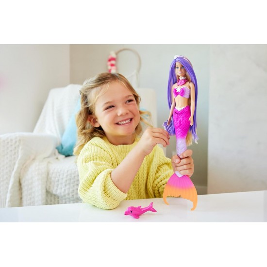 Barbie Mermaid Doll, “Malibu” Pet Dolphin and Water-Activated Color Change Feature, HRP97