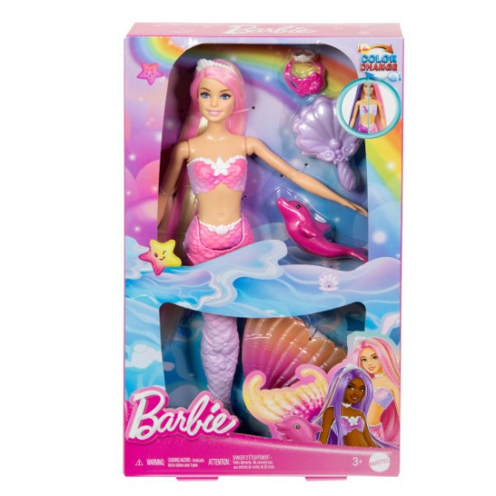 Barbie Mermaid Doll, “Malibu” Pet Dolphin and Water-Activated Color Change Feature, HRP97