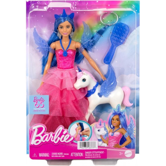 Barbie Doll Unicorn Toy, 65th Anniversary  Doll with Blue Hair, Pink . HRR16