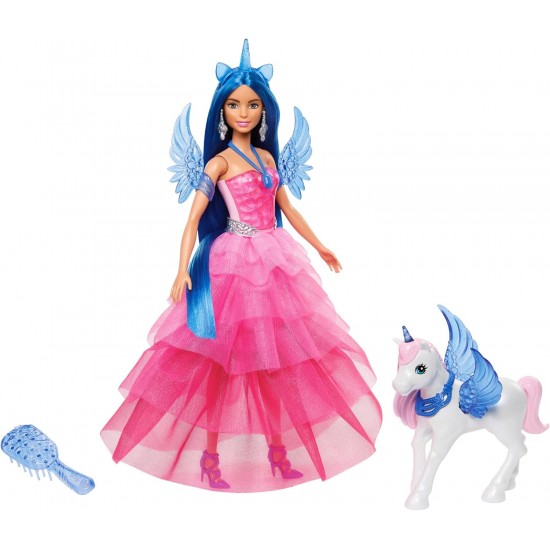 Barbie Doll Unicorn Toy, 65th Anniversary  Doll with Blue Hair, Pink . HRR16