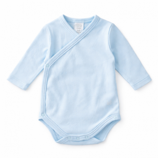 Gaiši zils jaundzimušo bodijs ar aizdari priekšpusē