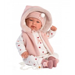 Llorens doll that cries 44 cm - Newborn with baby sounds - Tina with Pink Hood  LL84440