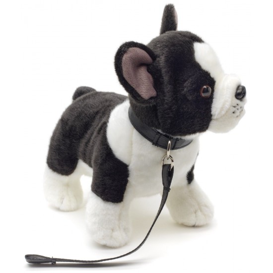 Uni Toys franču buldogs melnbalts mīkstā rotaļlieta ar pavadiņu