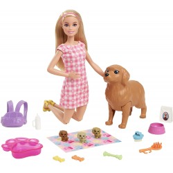 Barbie Doll and Newborn Pups Playset Doll Mommy Dog with Birthing Feature, 3 Puppies & Nurturing Accessories HCK75
