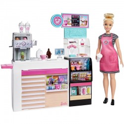 Barbie Coffee Shop with Blonde Curvy Doll & 20+ Realistic Play Pieces GMW03