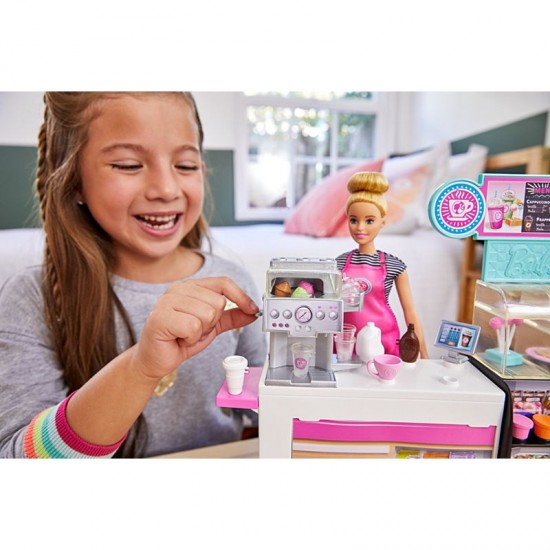 Barbie Coffee Shop with Blonde Curvy Doll & 20+ Realistic Play Pieces GMW03